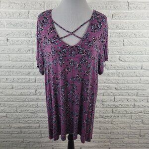 Avenue 22/24 Plus Purple Blue Floral V-Neck Keyhole Tunic Top Stretch FLO330E